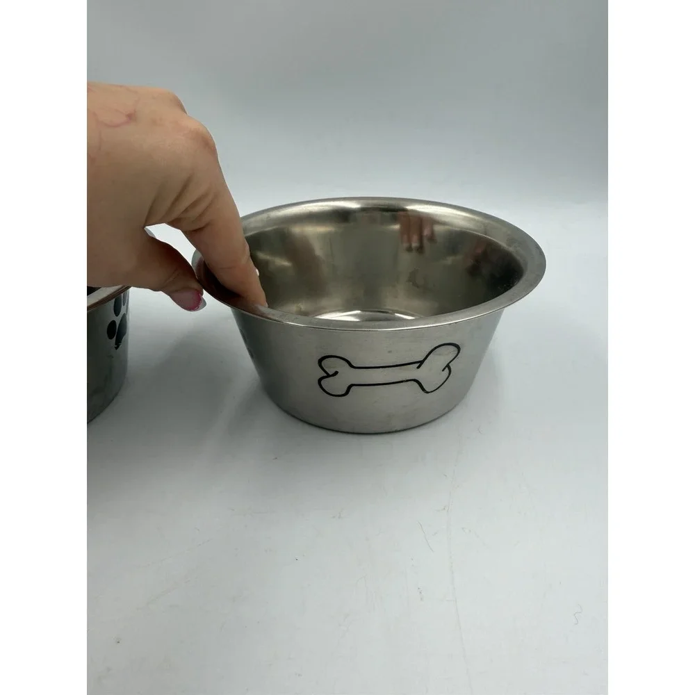 Lot Of 2 Paw & Bone Print Stainless Steel Dog Bowl Non-Skid